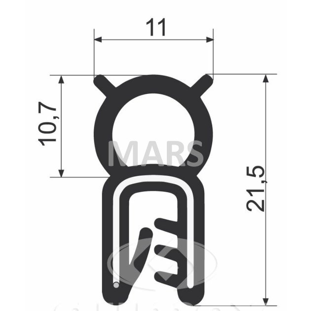 U-profil s horným tesnením 11×21,5 mm EPDM s kovom